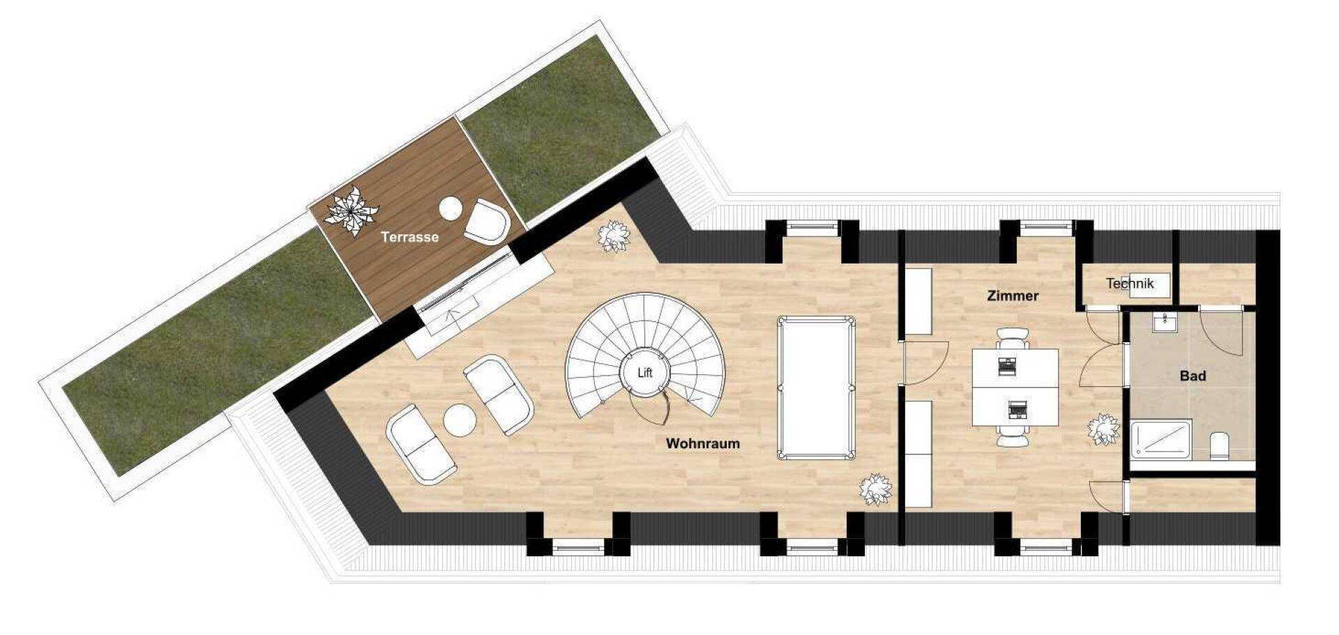 Grundriss des Dachgeschosses mit großem Wohnraum, weiterem Zimmer und einer Dachterrasse.