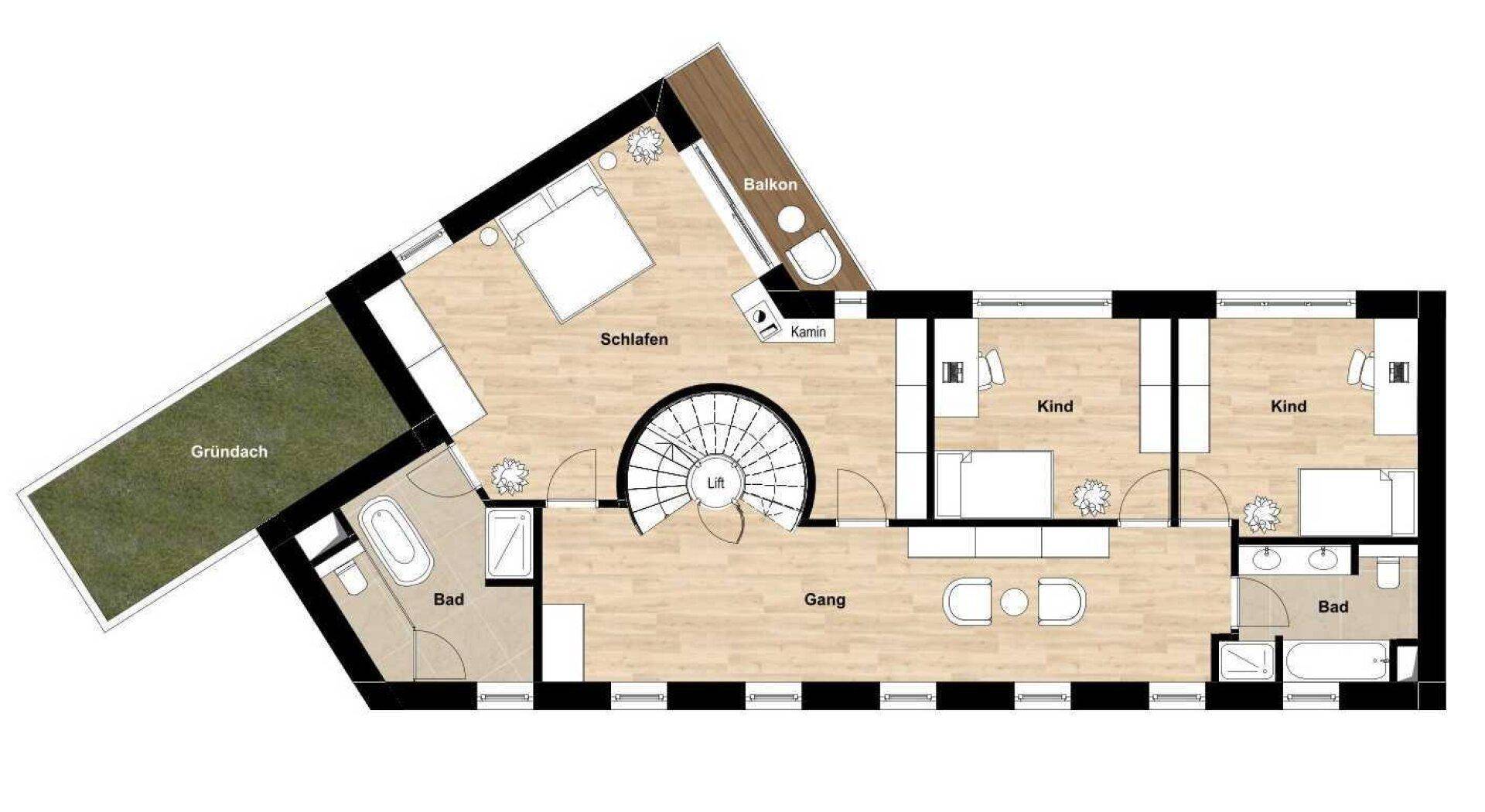 Grundriss des Obergeschosses mit Schlafzimmern, Bädern, Balkon und Wendeltreppe.