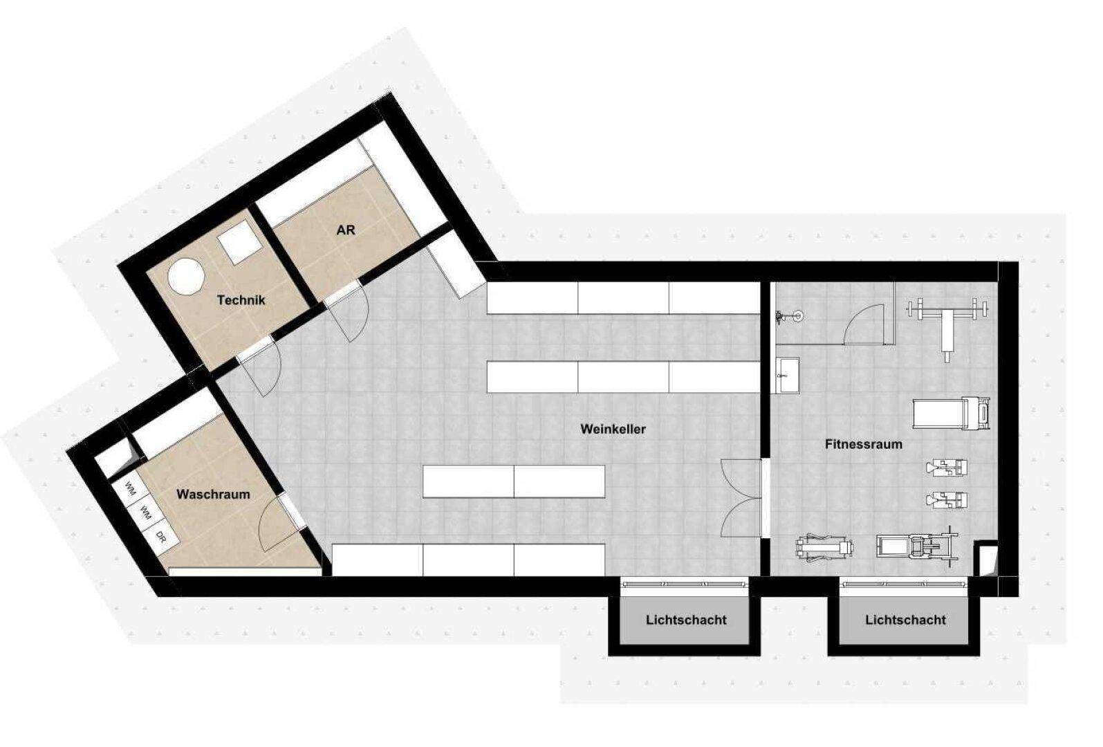 Grundriss des Untergeschosses mit Weinkeller, Fitnessraum, Waschraum und Technikbereich.