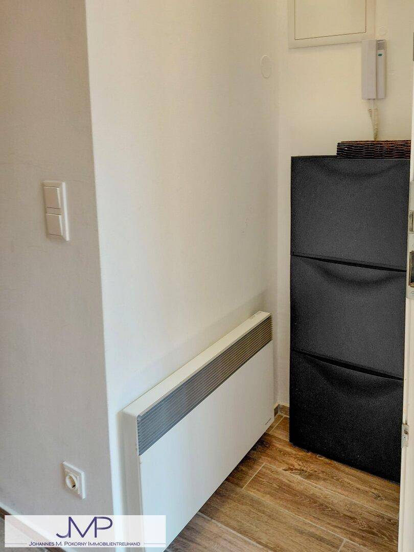 Eingangsbereich mit Heizkörper und einem praktischen Schuhschrank.