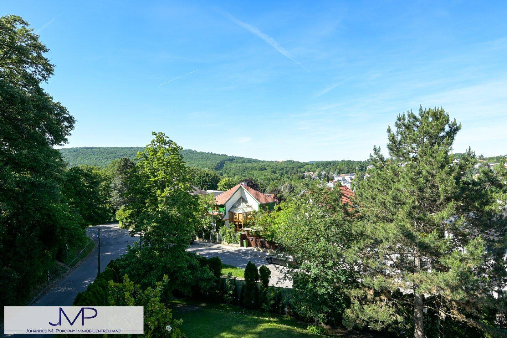 Panoramablick über eine grüne Wohngegend mit Häusern und bewaldeten Hügeln unter blauem Himmel.