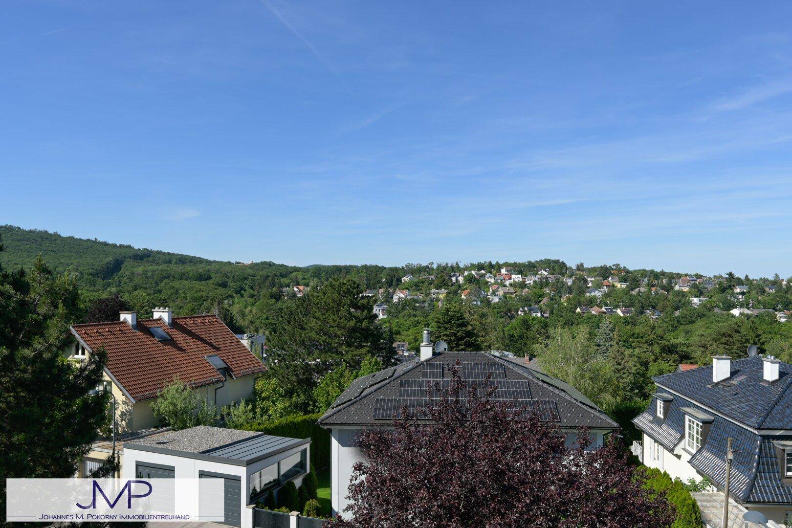 Weitläufiger Blick auf eine Wohnsiedlung mit viel Grün und Häusern, teilweise mit Solaranlagen.
