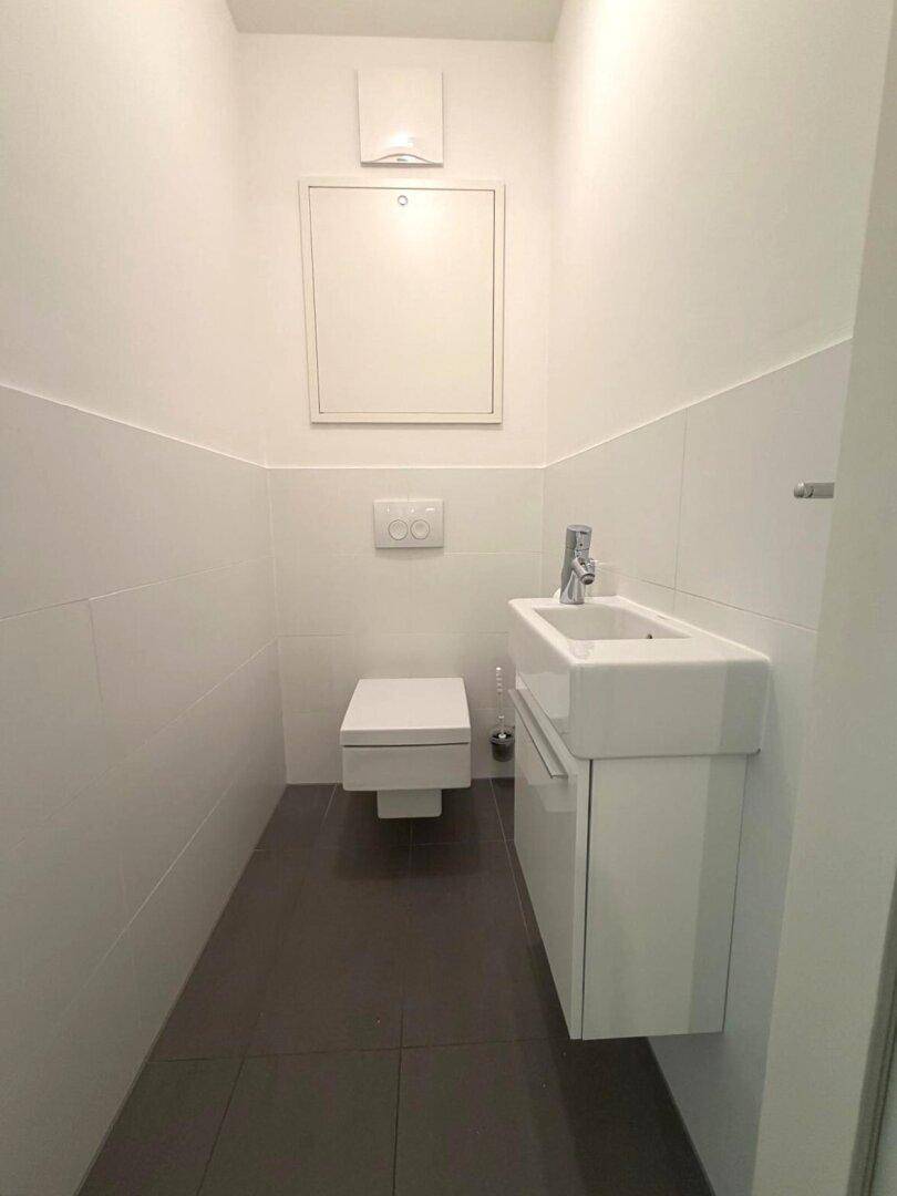 Kleines Gäste-WC mit wandhängendem WC und modernem Waschbecken.