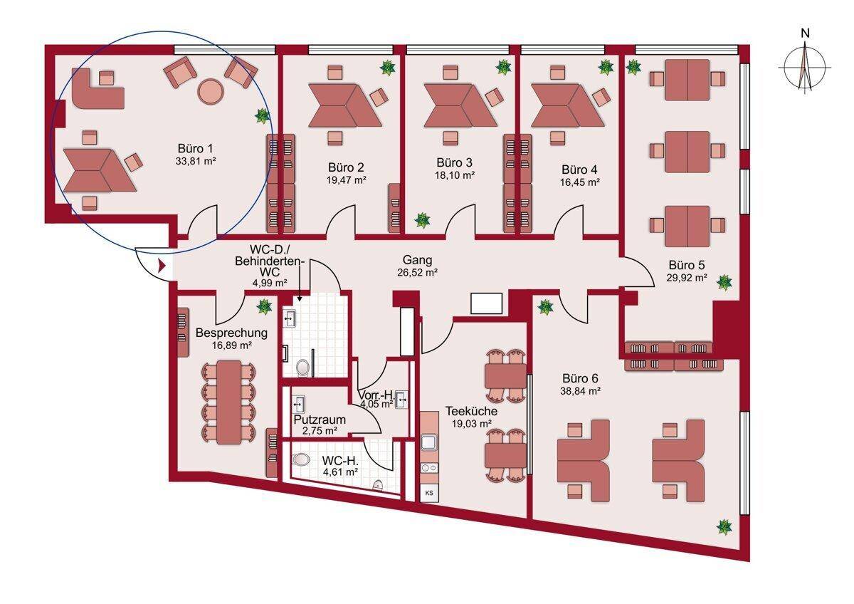 Detaillierter Grundriss eines Bürokomplexes mit sechs Büros, Besprechungsraum und Teeküche.