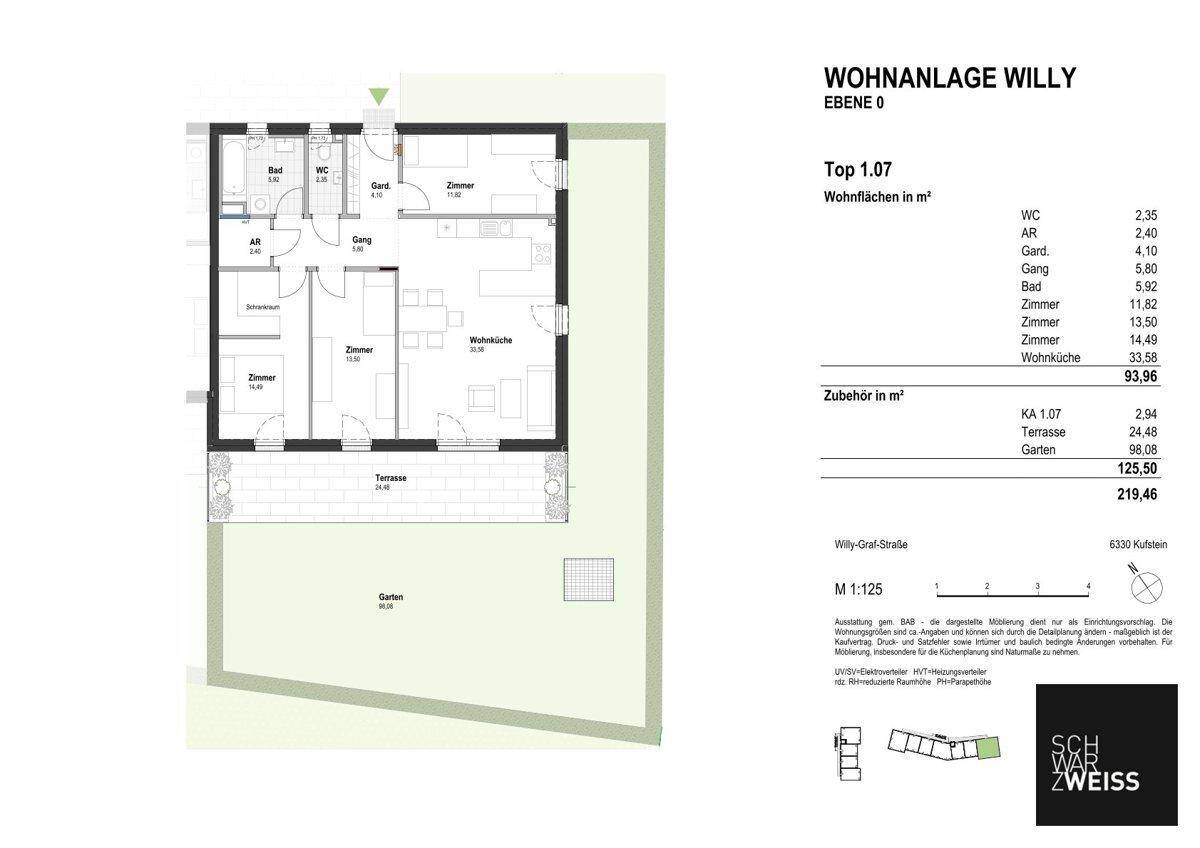 Grundriss der Wohneinheit Top 1.07 im Erdgeschoss mit Terrasse und großem Gartenbereich.