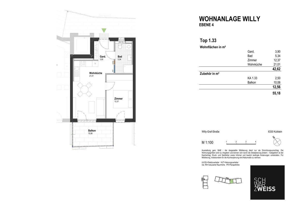 Grundriss einer Wohnung mit Wohnküche, Schlafzimmer, Bad und Balkon auf Ebene 4.