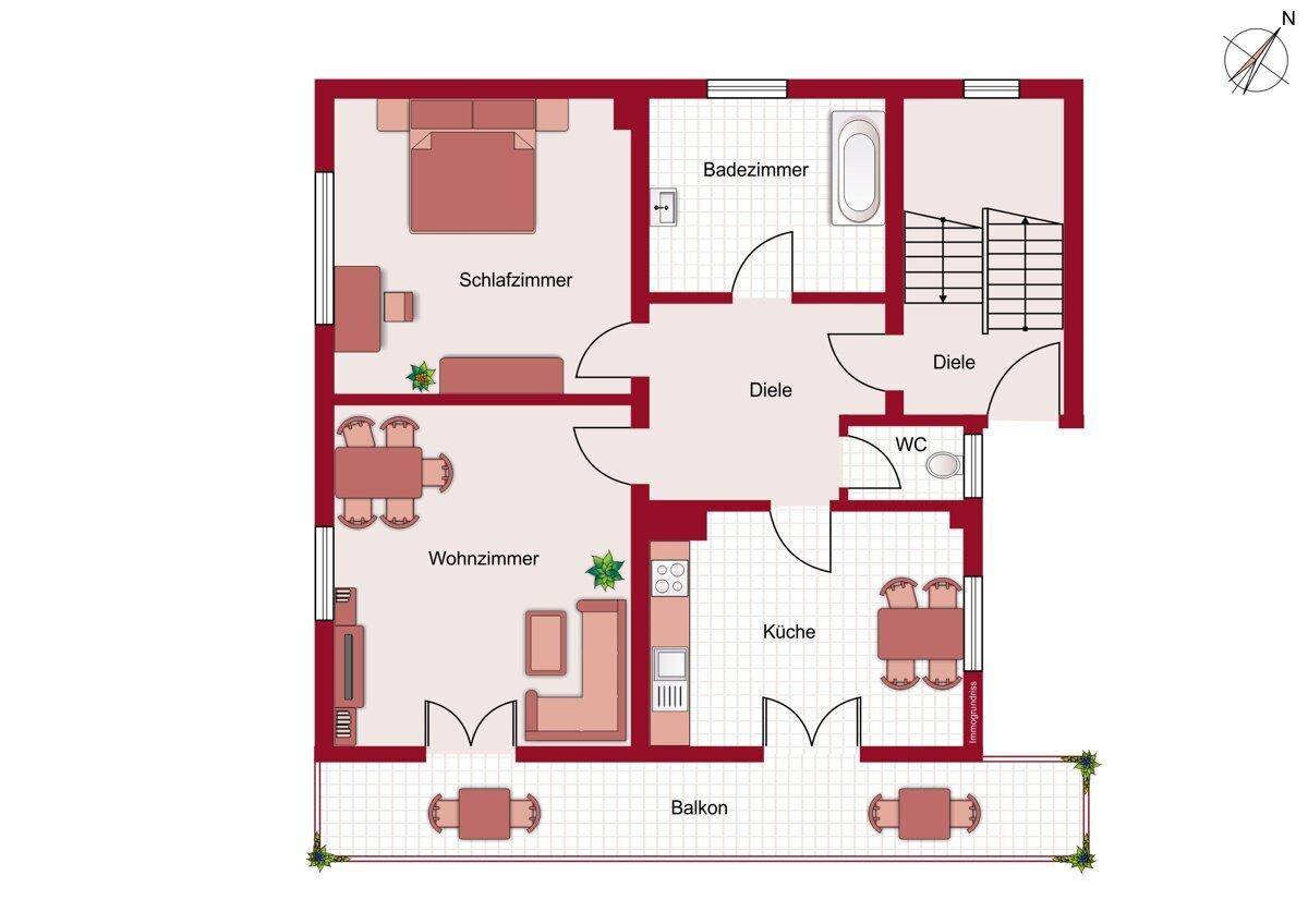 Grundriss des Obergeschosses mit Schlafzimmer, Wohnzimmer, Küche und Balkon.