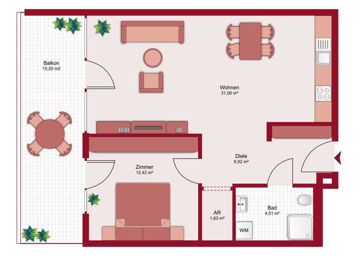 Grundriss einer Wohnung mit offenem Wohnbereich, Schlafzimmer, Bad und großem Balkon.