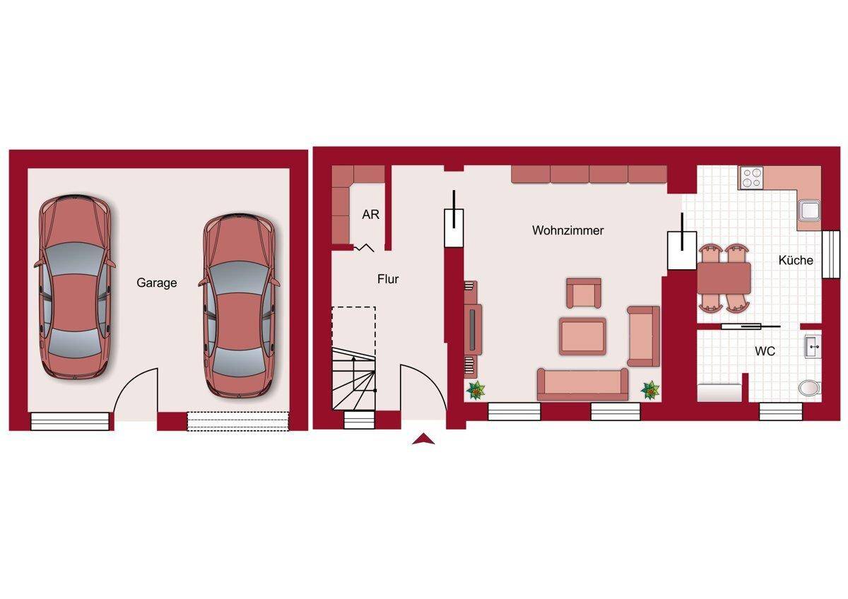 Grundriss des Untergeschosses mit Garage, Wohnzimmer, Küche und WC.