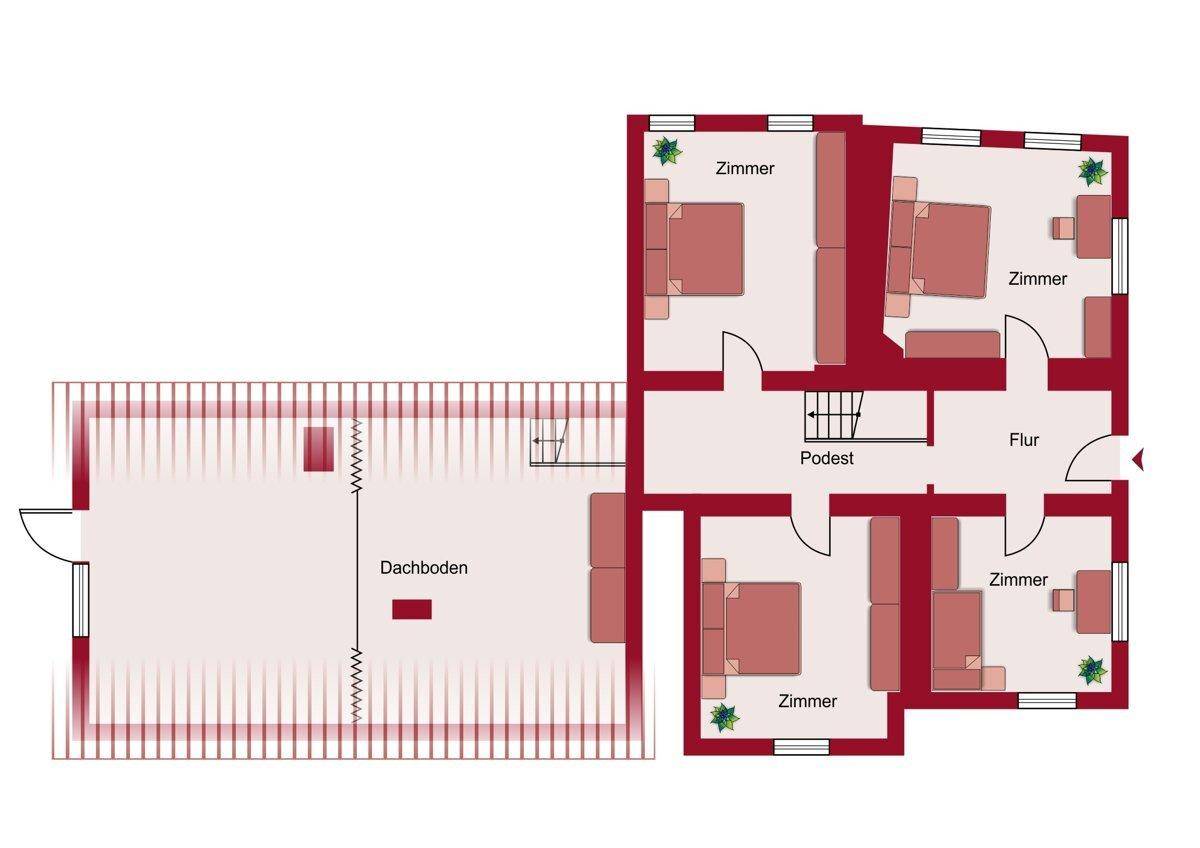 Grundriss des Obergeschosses mit vier Zimmern und Dachbodenbereich.