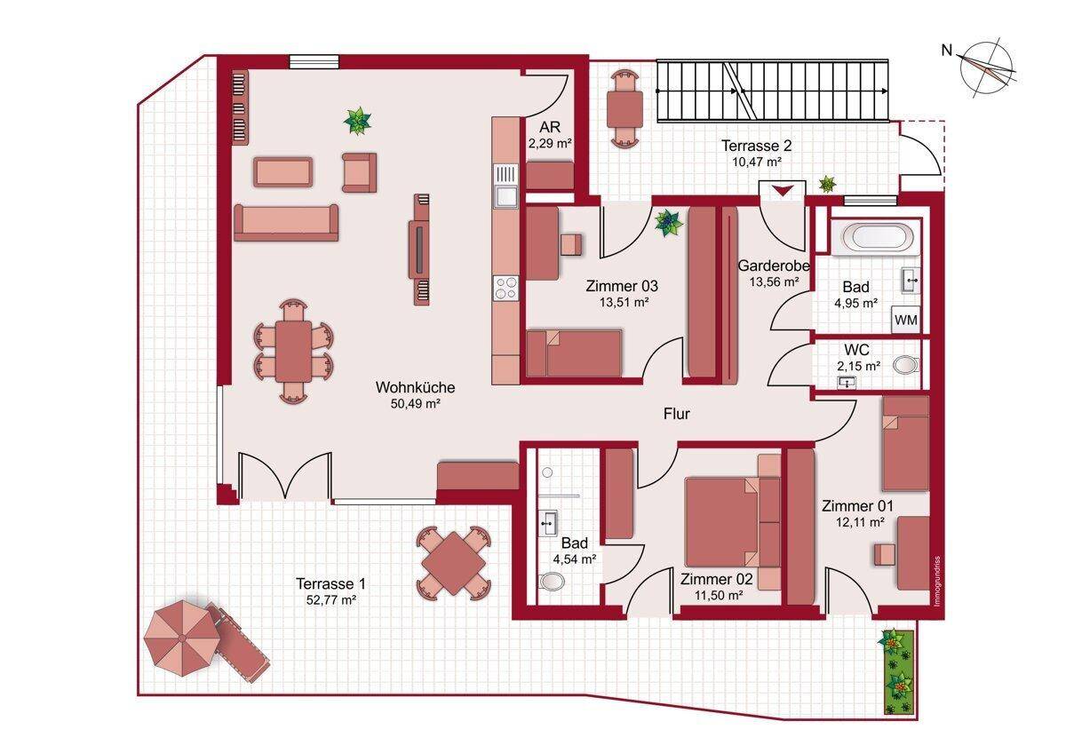 Detaillierter Grundriss mit Wohnküche, zwei Bädern und zwei Terrassen.