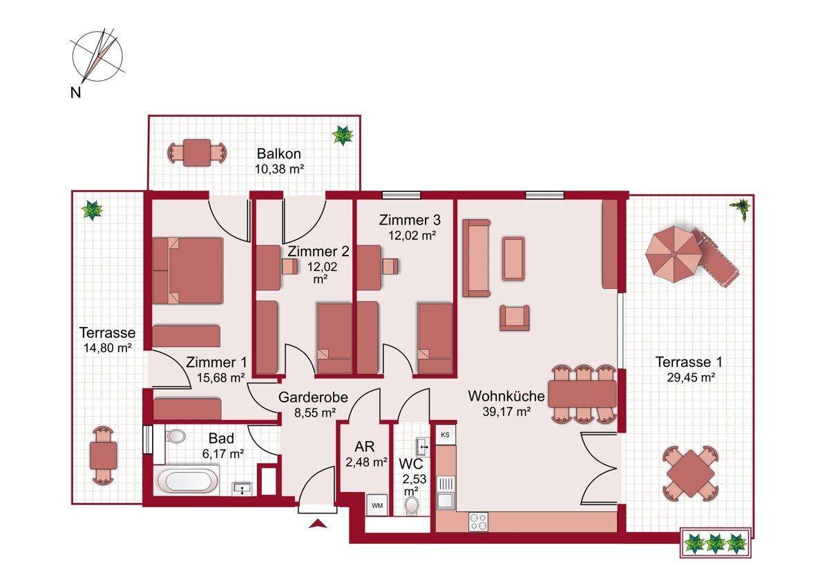 Detaillierter Grundriss einer Wohnung mit drei Zimmern, Wohnküche, Bad und zwei Terrassen.