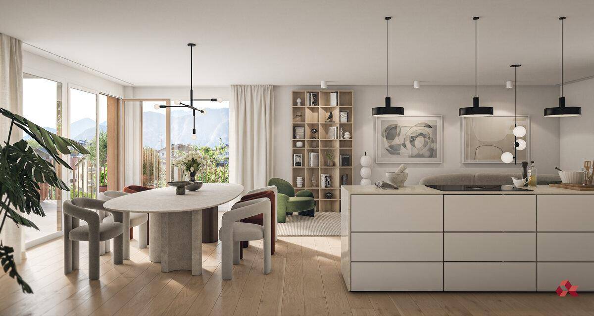 Heller offener Wohn-Essbereich mit moderner Küche, Holzboden und Zugang zum Balkon.