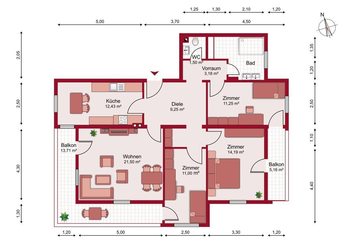 Grundriss einer Wohnung mit drei Zimmern, zwei Balkonen und separatem WC.