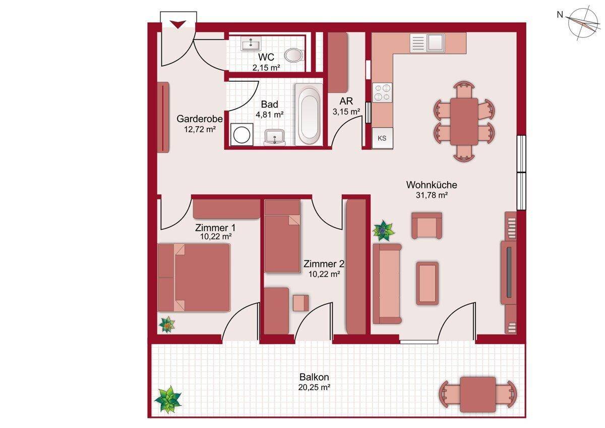 Grundriss einer Wohnung mit Wohnküche, zwei Zimmern, Bad, WC und großem Balkon.