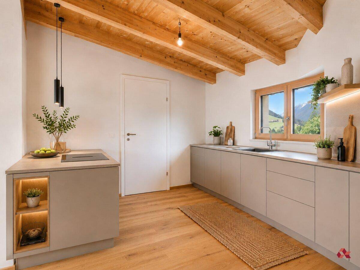 Moderne Küche mit Holzbalkendecke, Parkettboden und Fenster mit malerischem Bergblick.