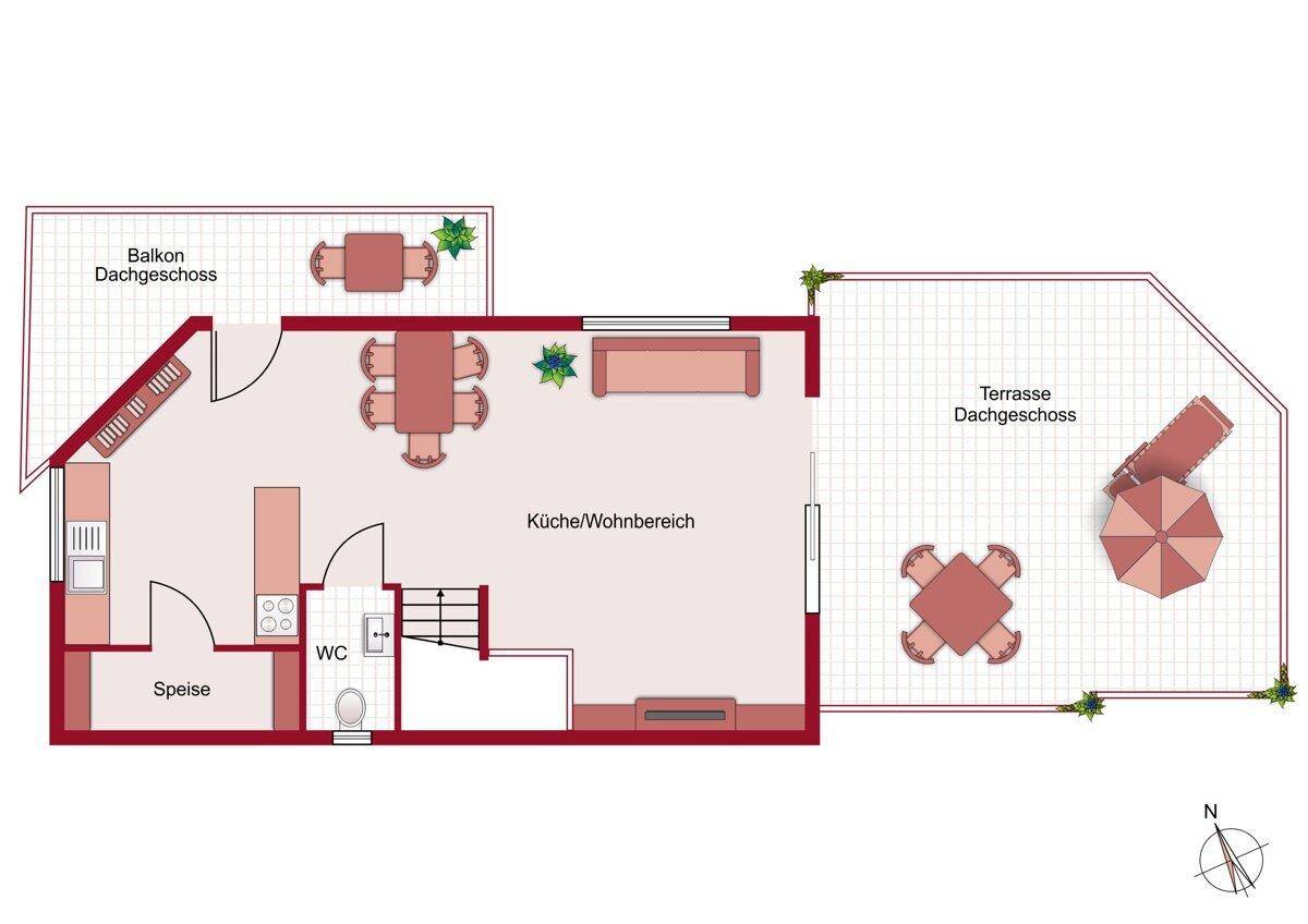 Grundriss des Dachgeschosses mit offener Küche, Wohnbereich, Balkon und großer Terrasse.
