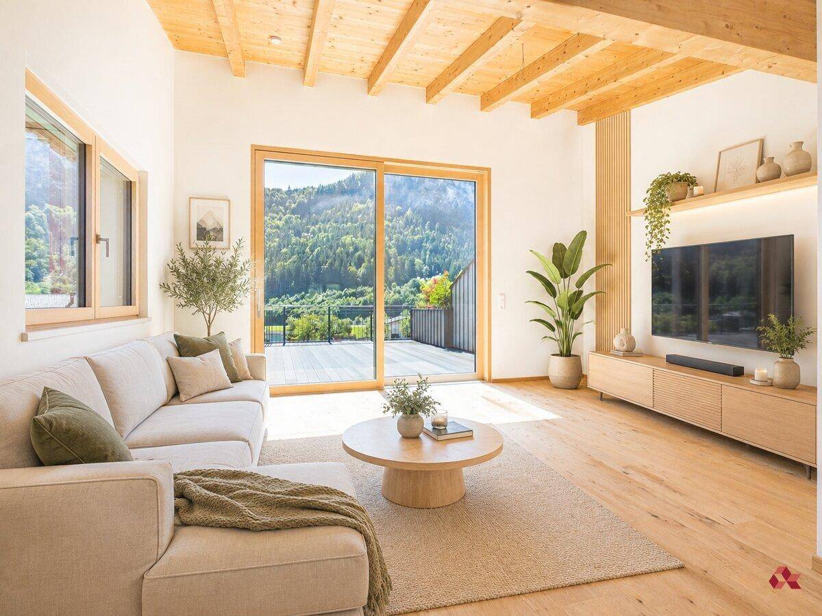 Modern eingerichtetes Wohnzimmer mit Holzbalkendecke, Parkett und direktem Terrassenzugang.