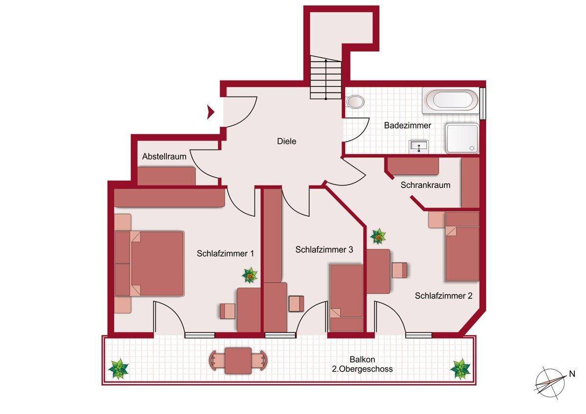 Grundriss einer Wohnung im 2. Obergeschoss mit drei Schlafzimmern, einem Badezimmer und einem Balkon.