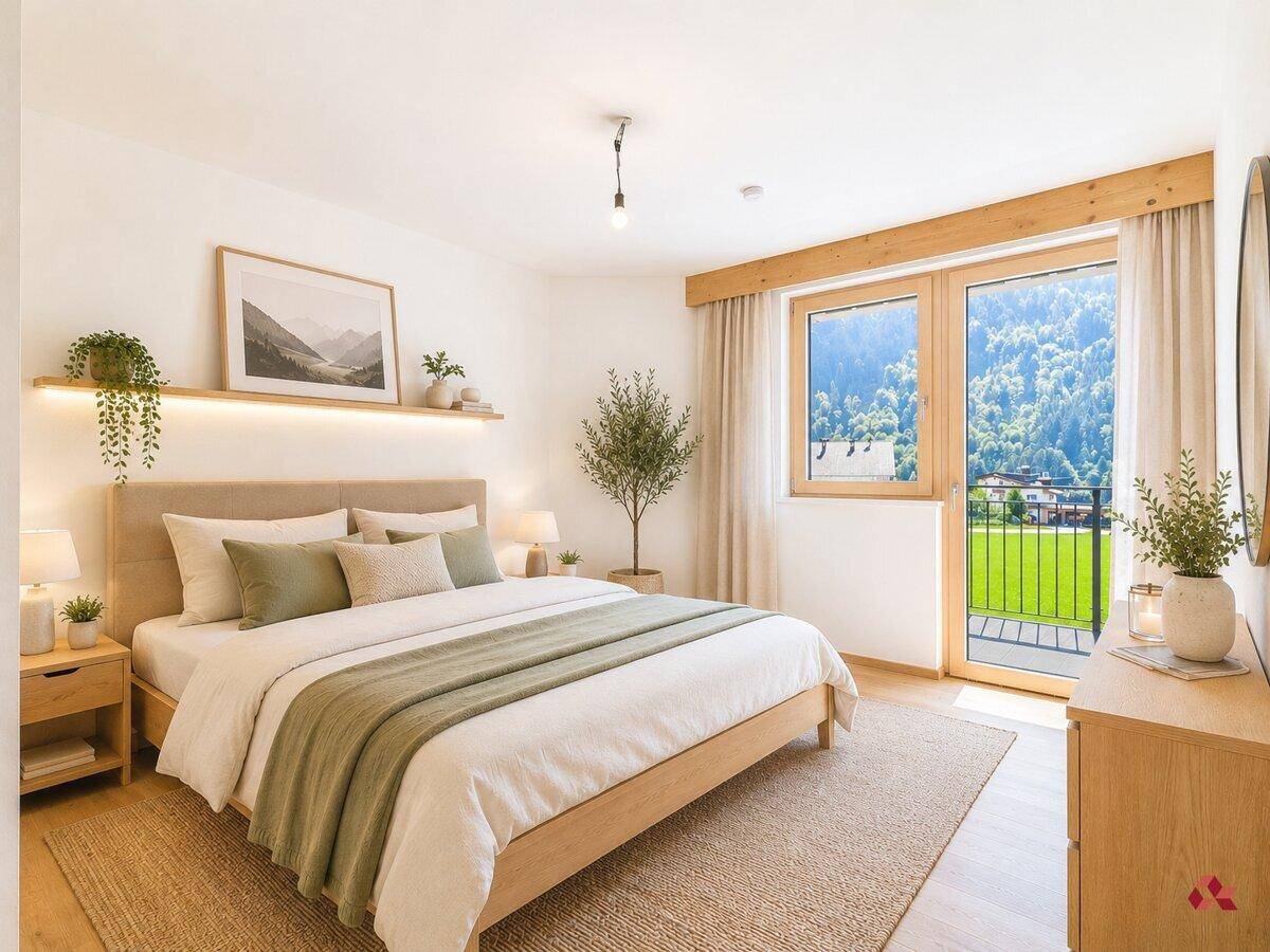 Gemütliches Schlafzimmer mit Parkettboden, modernem Bett und Zugang zu einem Balkon mit Bergblick.