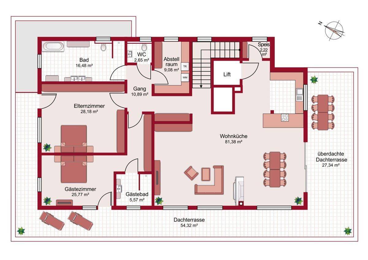 Detaillierter Grundriss einer Wohnung mit großer Dachterrasse, Wohnküche und zwei Bädern.