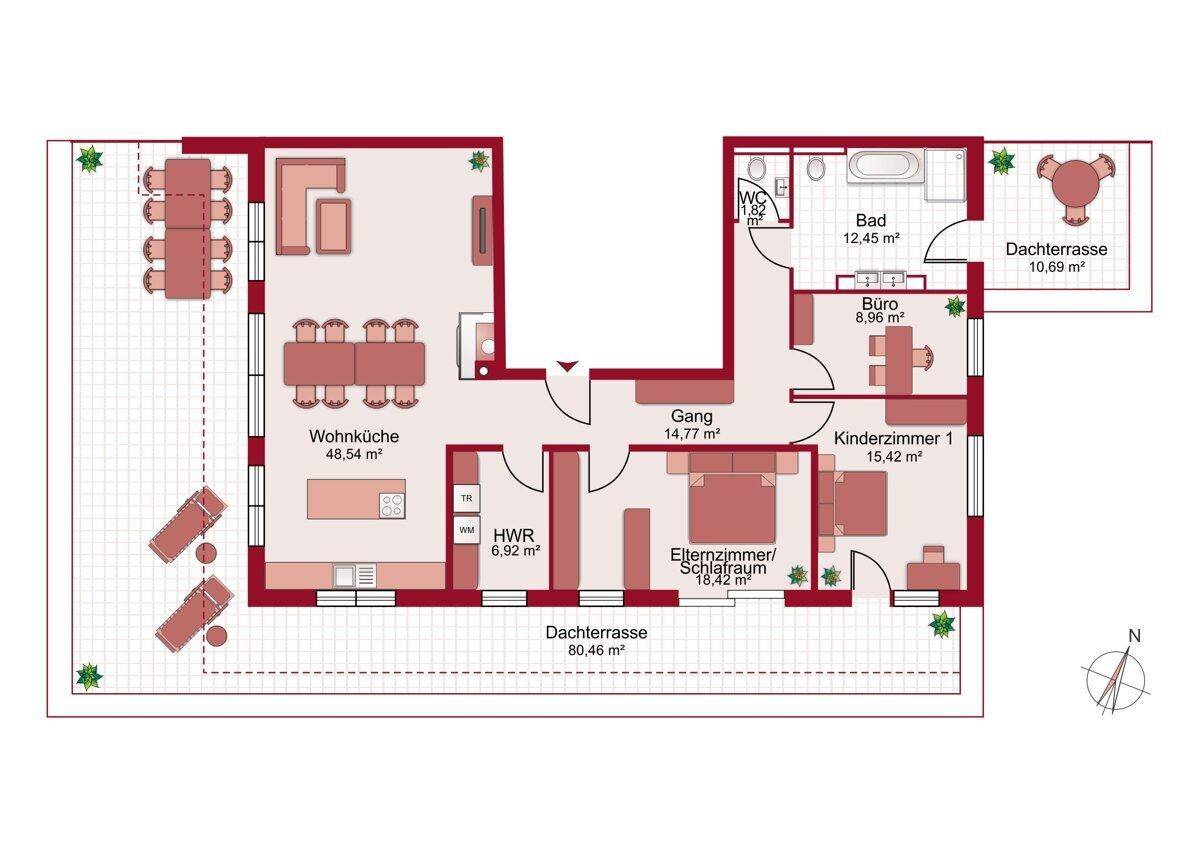 Grundriss einer Wohnung mit großer Dachterrasse, Wohnküche und drei Zimmern.