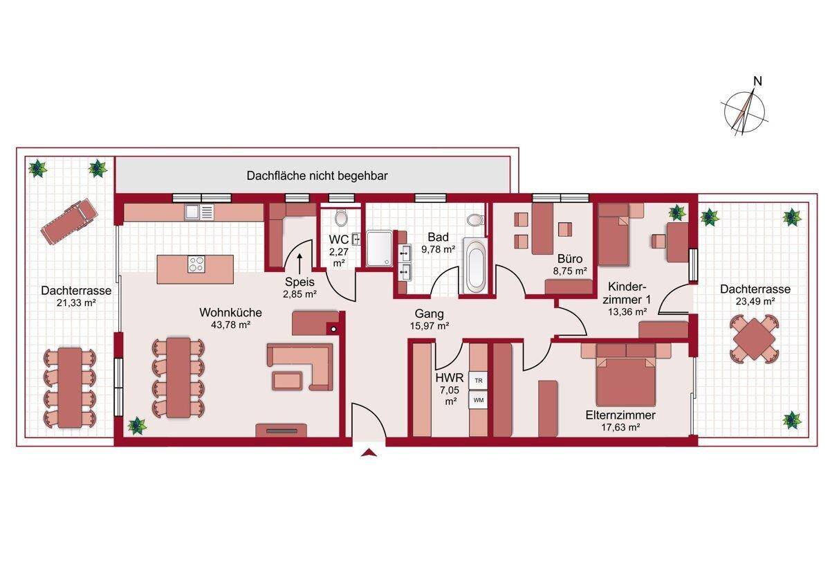Detaillierter Grundriss einer Wohnung mit großer Wohnküche, zwei Dachterrassen und drei Schlafzimmern.