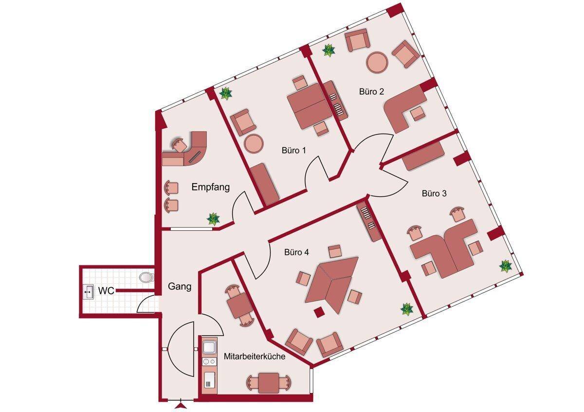 Grundrissplan einer Büroetage mit Empfang, vier Büros, Mitarbeiterküche und WC.