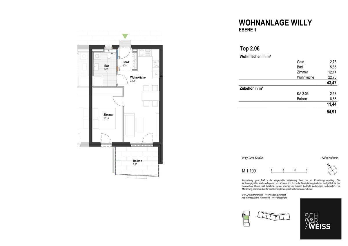 Grundriss der Wohneinheit Top 2.06 mit einem Zimmer, Wohnküche und Balkon.