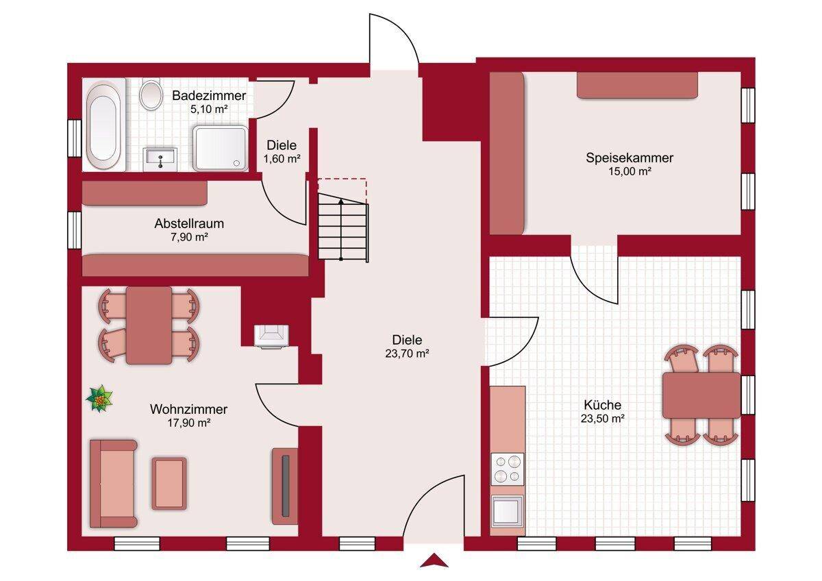 Grundriss des Erdgeschosses mit separatem Wohnzimmer, Küche mit Essbereich, Badezimmer und Speisekammer.