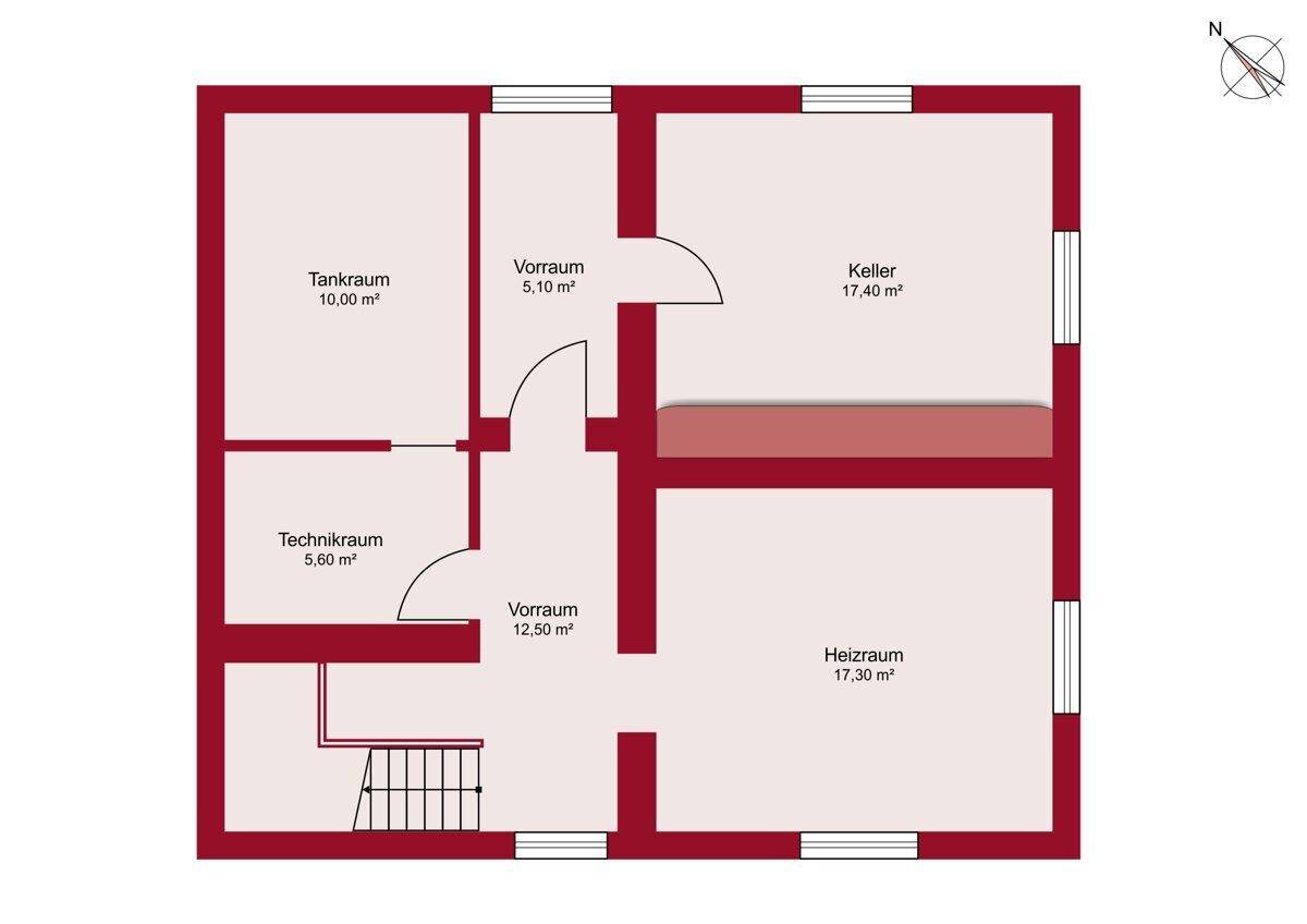 Grundriss des Kellergeschosses mit Technikraum, Heizraum und weiteren Vorräumen.