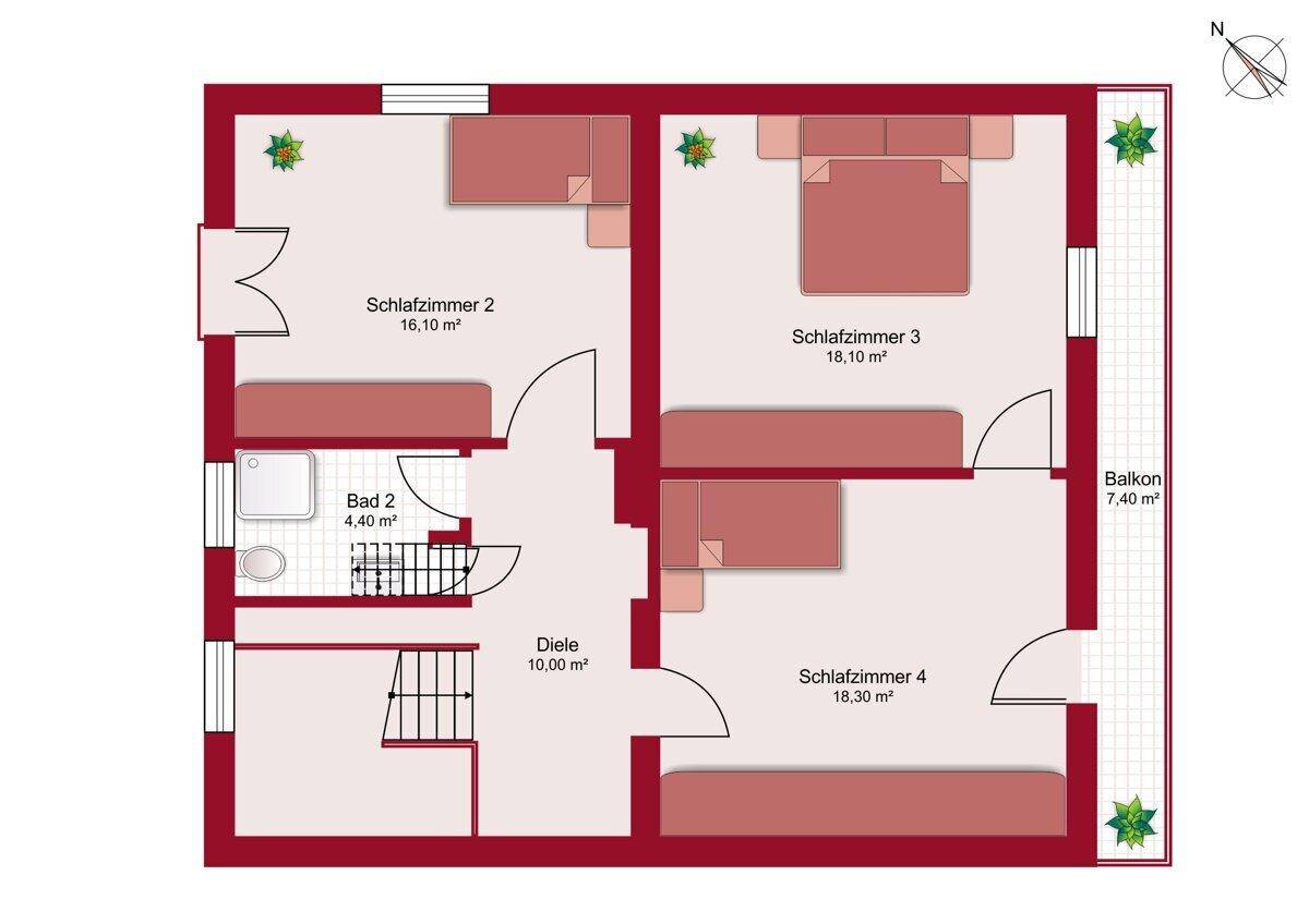Grundriss des Obergeschosses mit drei Schlafzimmern, einem Badezimmer und Balkonzugang.