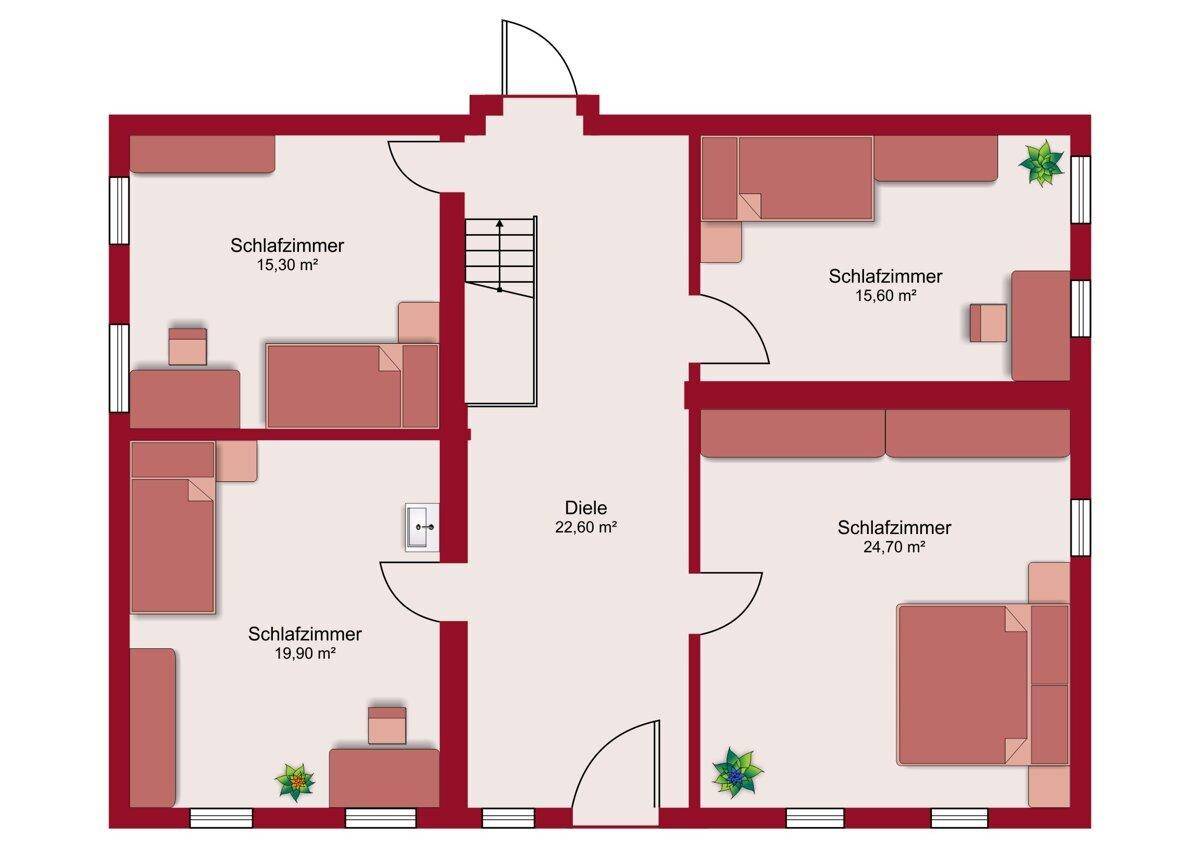 Grundriss des Obergeschosses mit vier geräumigen Schlafzimmern und einem zentralen Flur.