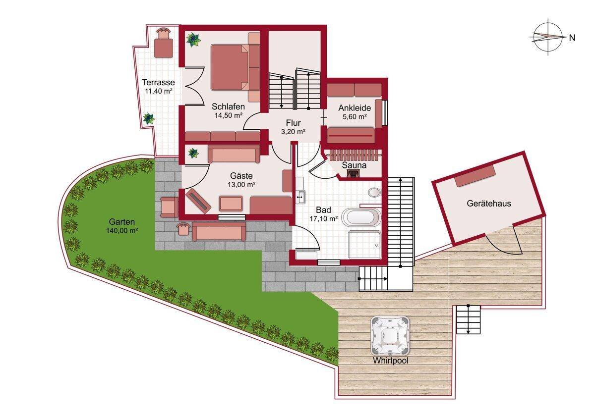 Grundriss des Erdgeschosses mit Schlafzimmer, Gästezimmer, Bad, Sauna, Garten, Terrasse und Whirlpool.