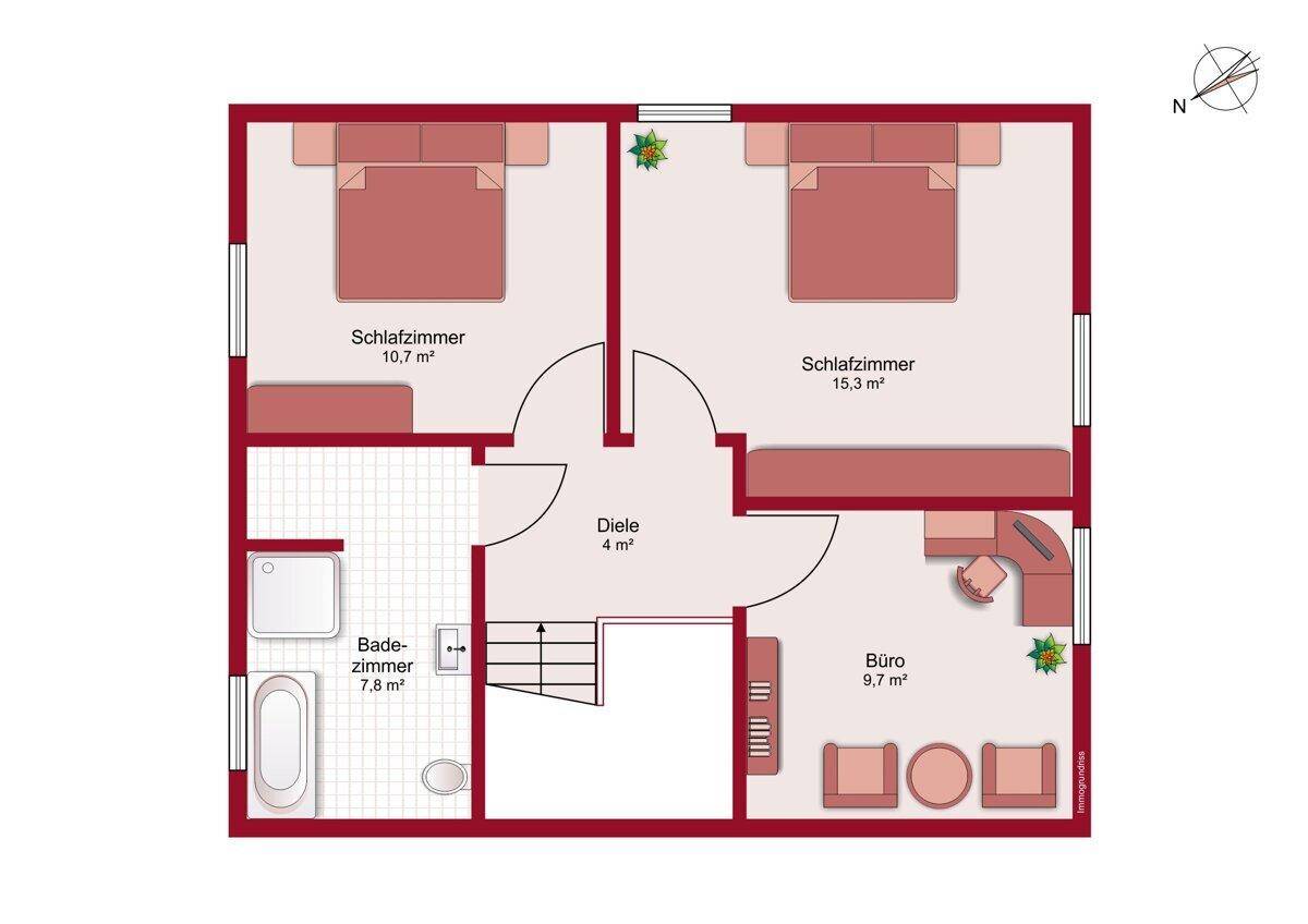 Grundriss des Obergeschosses mit zwei Schlafzimmern, einem Büro, Badezimmer und Diele.