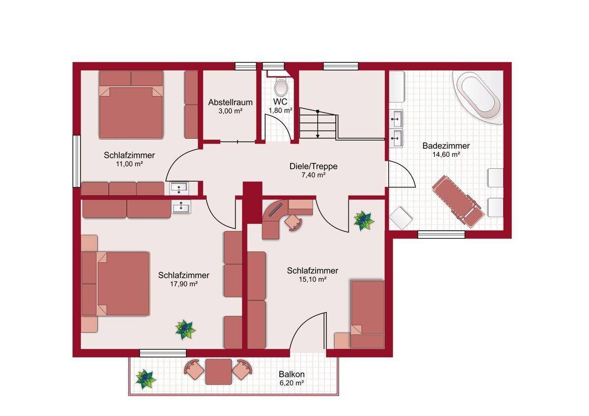 Grundriss des Obergeschosses mit drei Schlafzimmern, Bad, WC und Balkon.