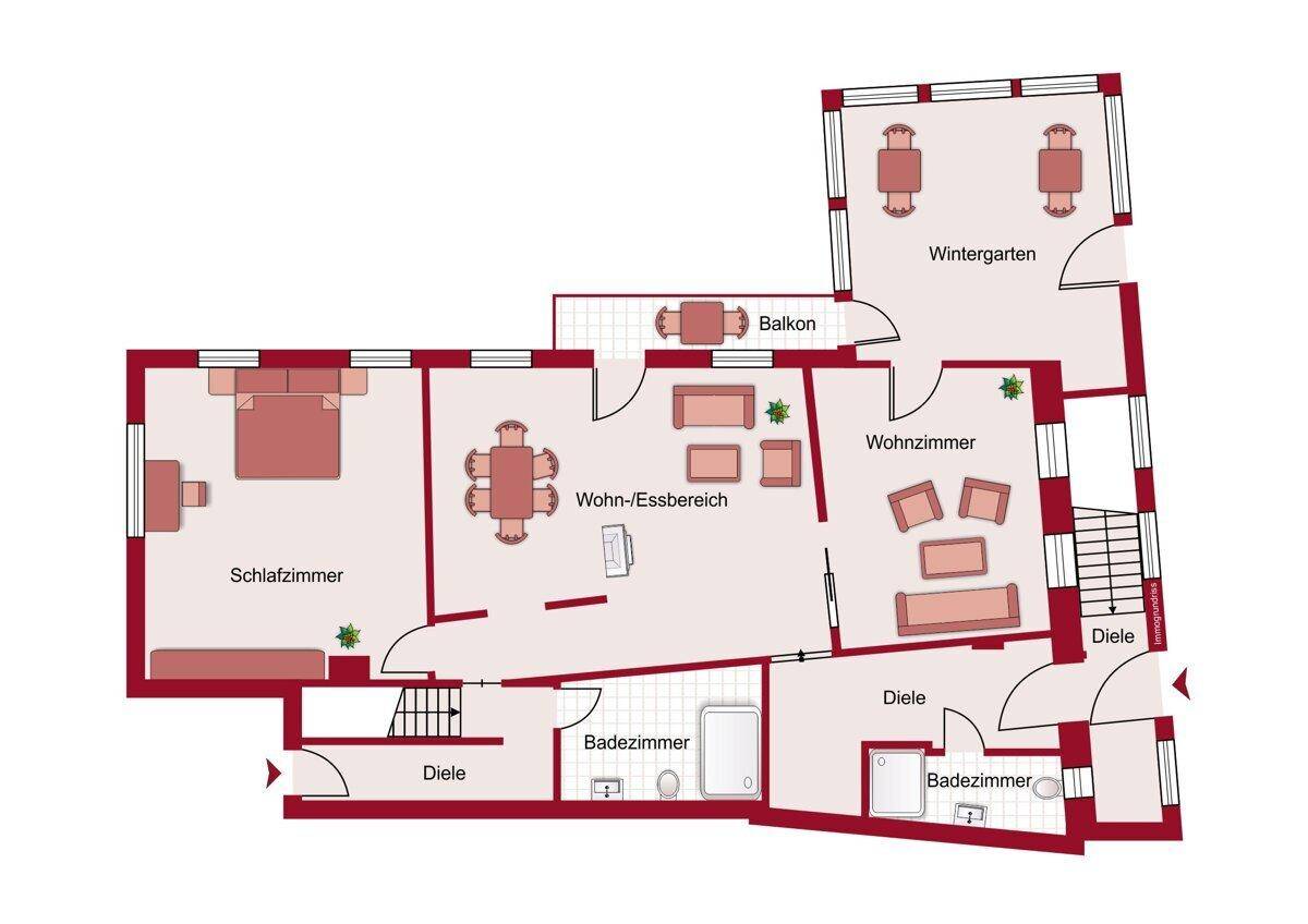 Grundriss des Obergeschosses mit Wohn-Essbereich, Schlafzimmer, Bädern und Wintergarten.
