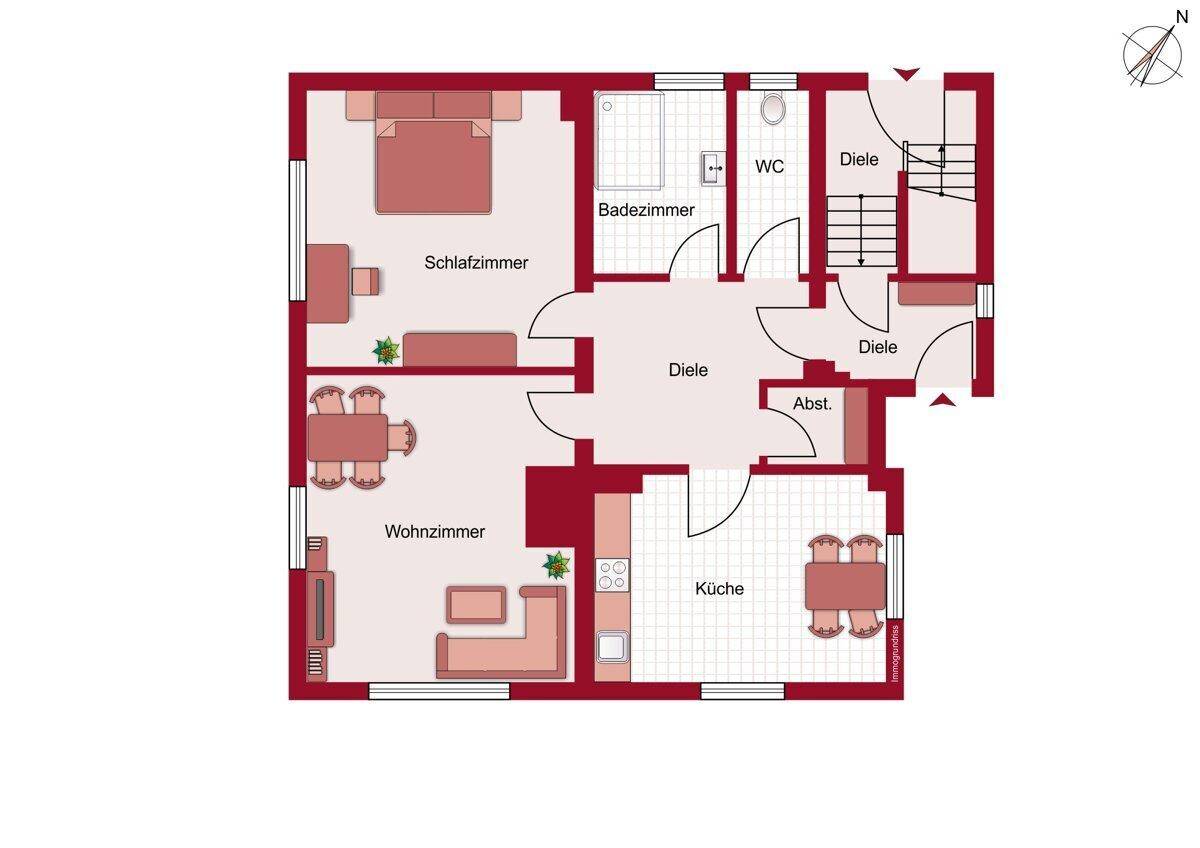 Grundriss des Erdgeschosses mit Schlafzimmer, Wohnzimmer, Küche und Bad.