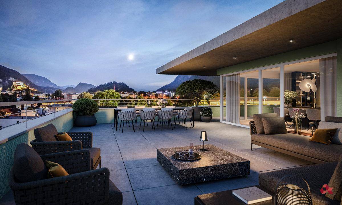 Geräumige Dachterrasse mit Lounge- und Essbereich, die einen weiten Blick über die Stadt und die Berge bietet.