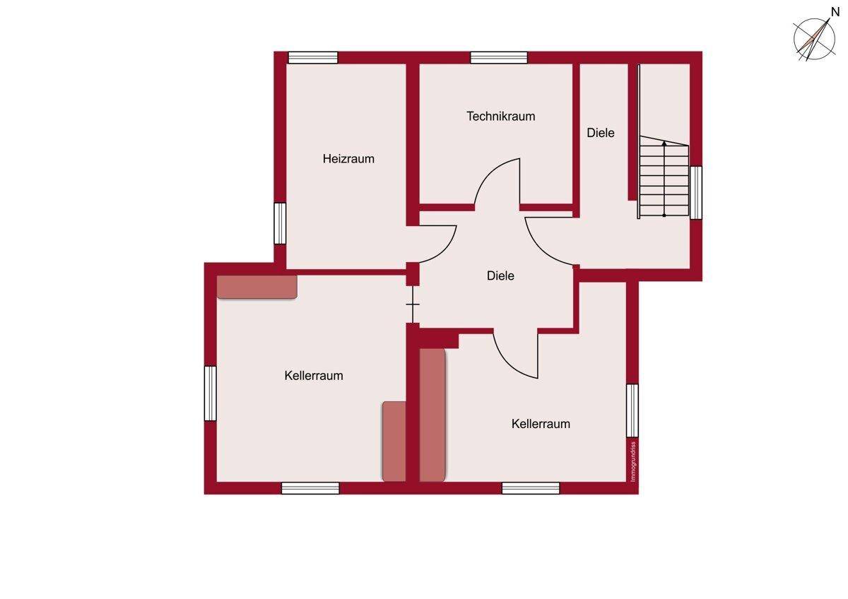 Grundriss des Kellergeschosses mit Heizraum, Technikraum und Kellerräumen.