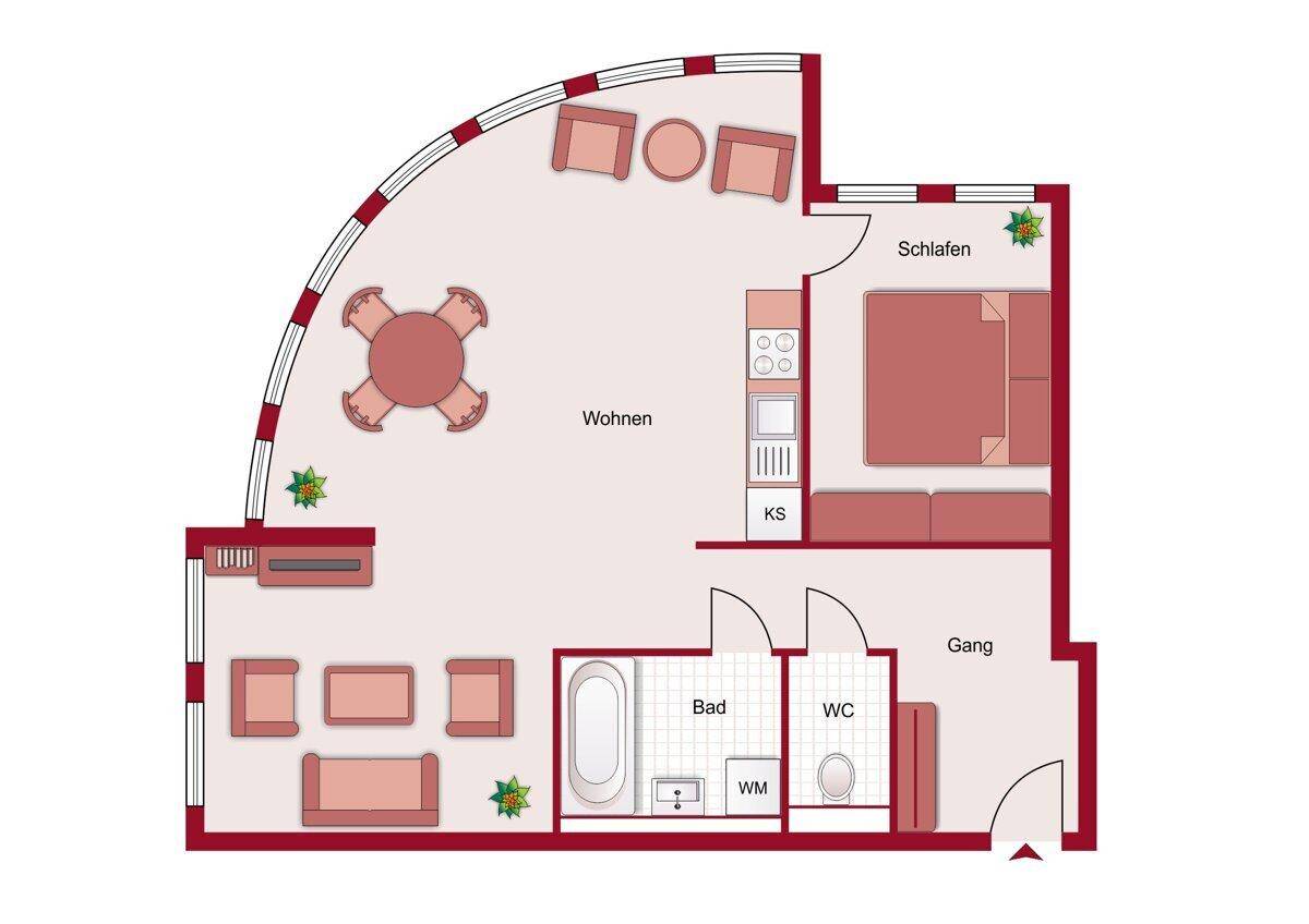 Übersichtlicher Grundriss einer Wohnung mit offenem Wohnbereich, Schlafzimmer, Bad und separatem WC.