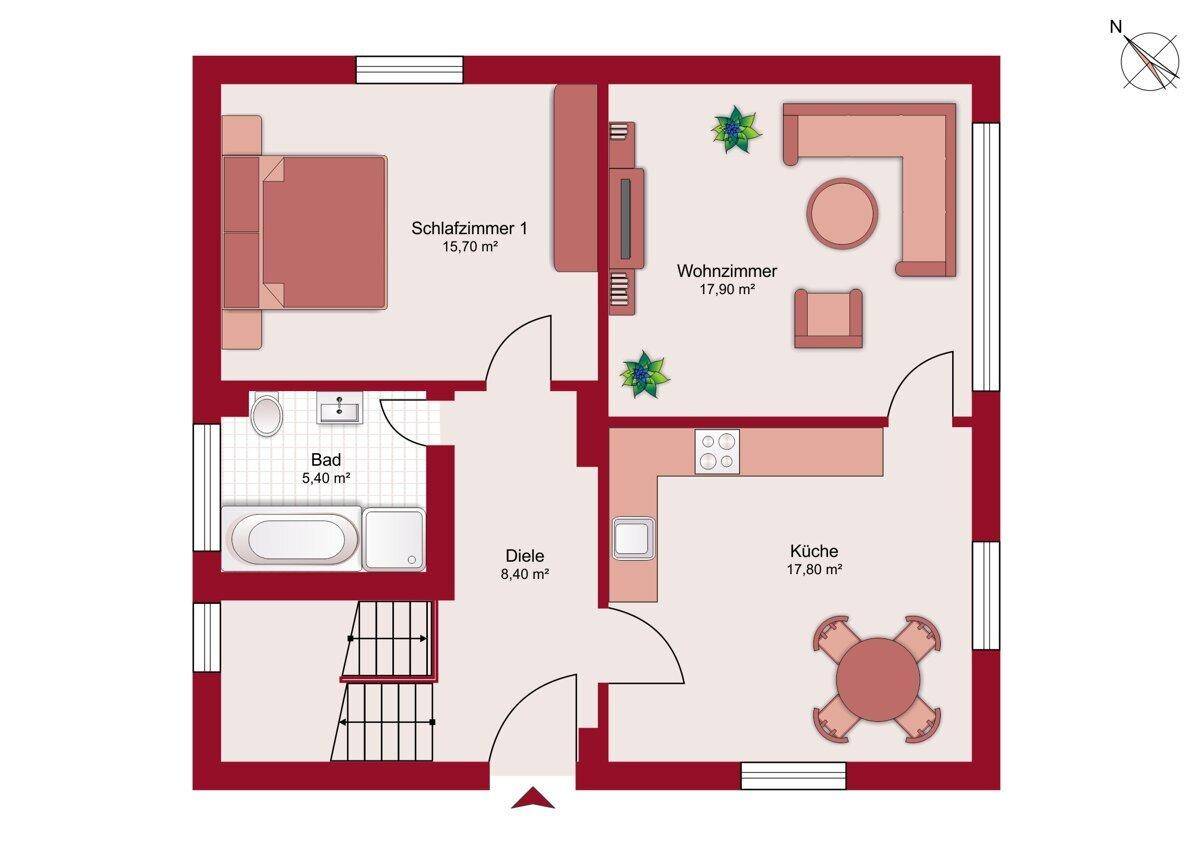 Grundriss des Erdgeschosses mit Wohnzimmer, Küche, Schlafzimmer und Badezimmer.