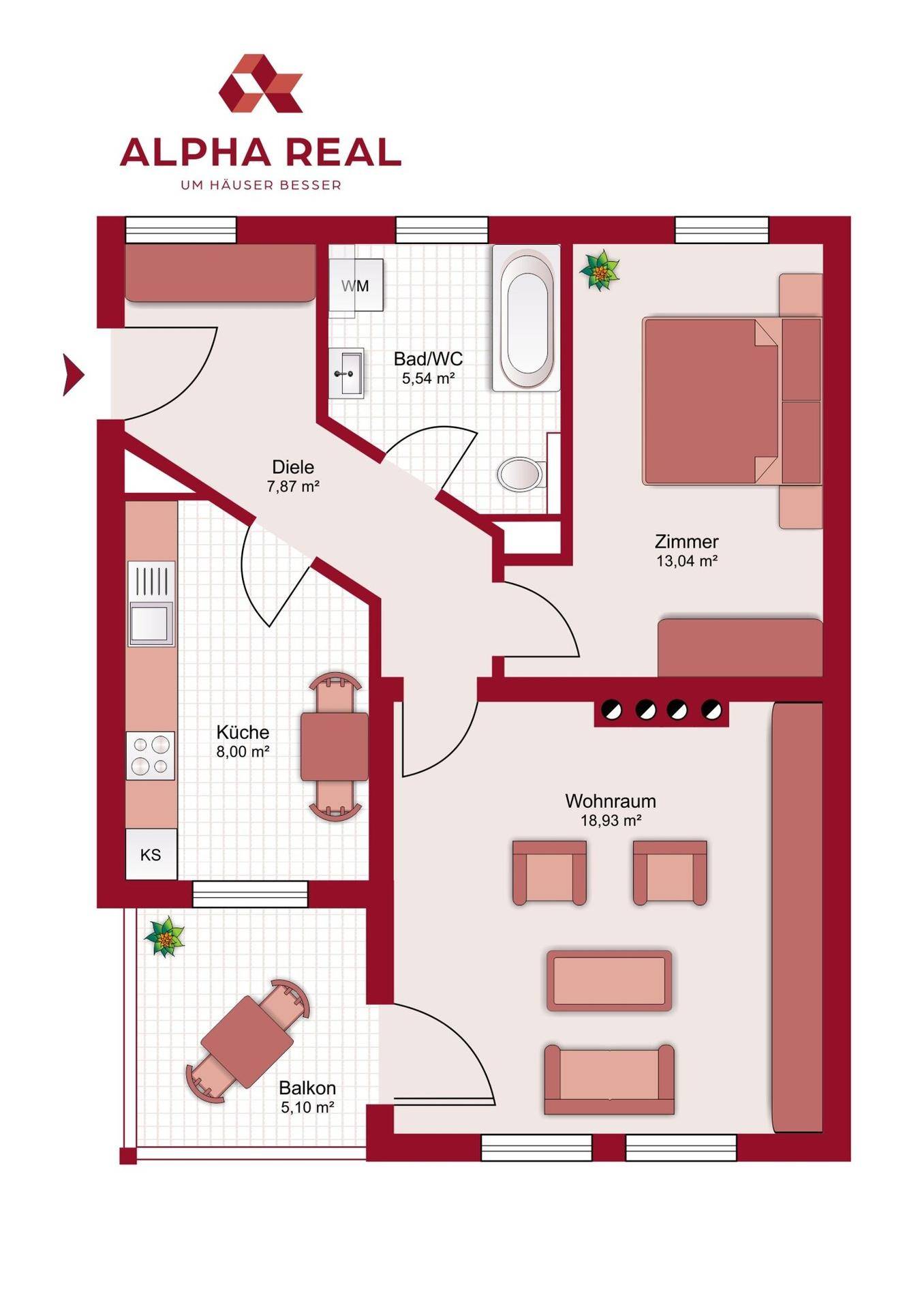 Übersichtlicher Grundriss der Wohnung mit Balkon, Küche, Bad und zwei Zimmern.