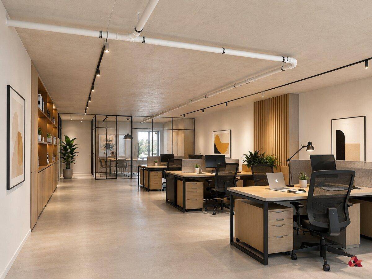 Modernes Großraumbüro mit minimalistischer Einrichtung, freiliegenden Rohren und Glaswänden für separate Bereiche.