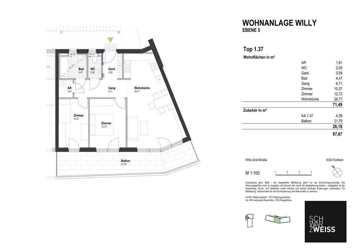 Grundriss der Wohnung Top 1.37 auf Ebene 5 mit zwei Schlafzimmern, Wohnküche und Balkon.
