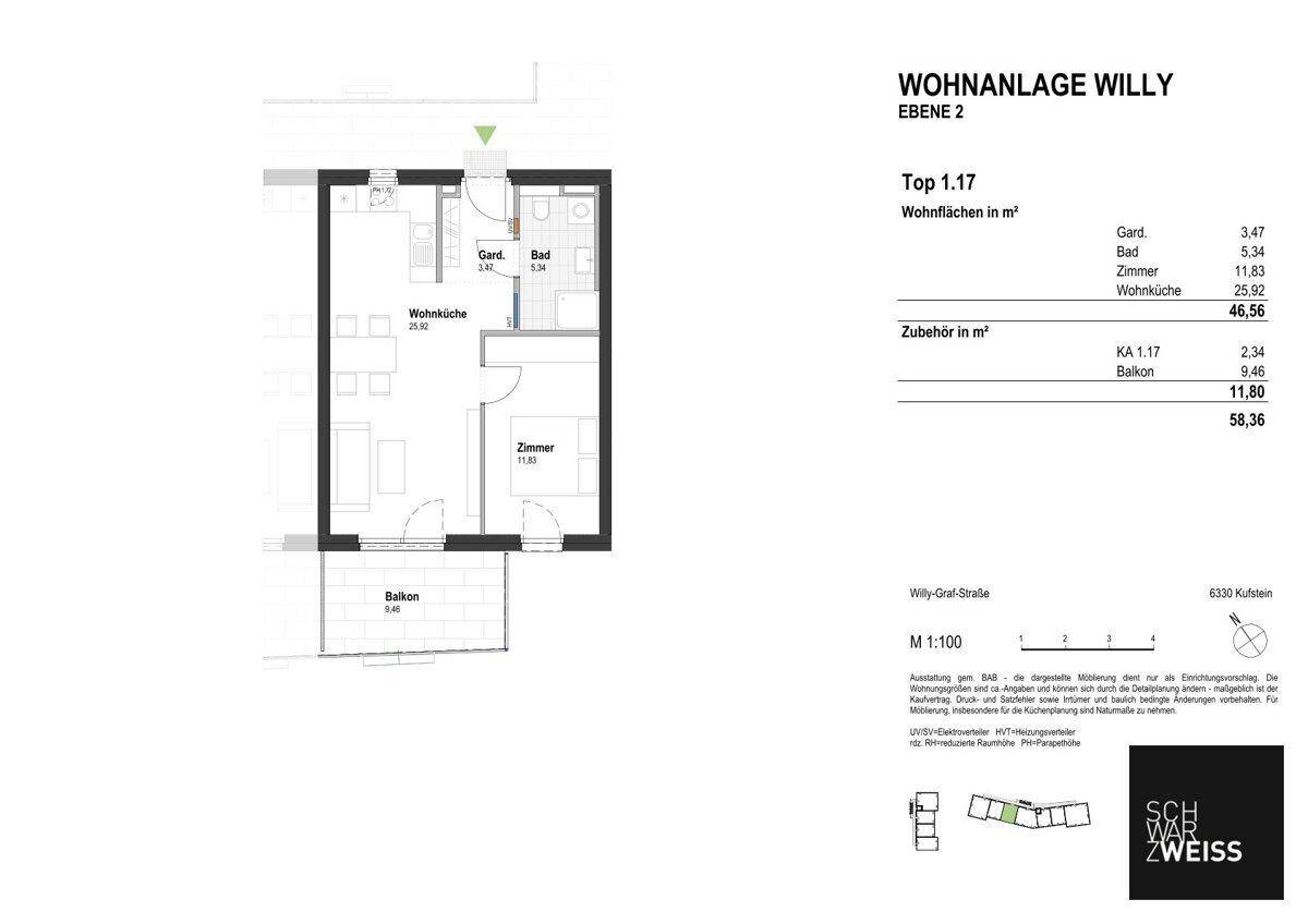 Grundriss einer Wohnung mit Balkon, separatem Bad und Küche, sowie einem geräumigen Zimmer.