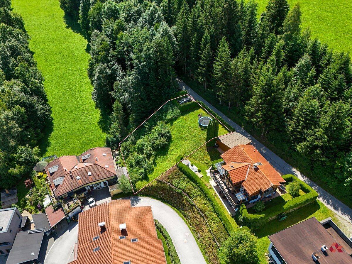Luftaufnahme eines Grundstücks mit Trampolin, umgeben von Wald und Wohnhäusern in einer grünen Umgebung.