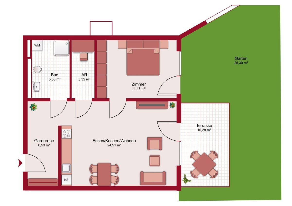 Grundriss einer Wohnung mit offenem Wohn-, Koch- und Essbereich, Schlafzimmer, Bad, Terrasse und Garten.