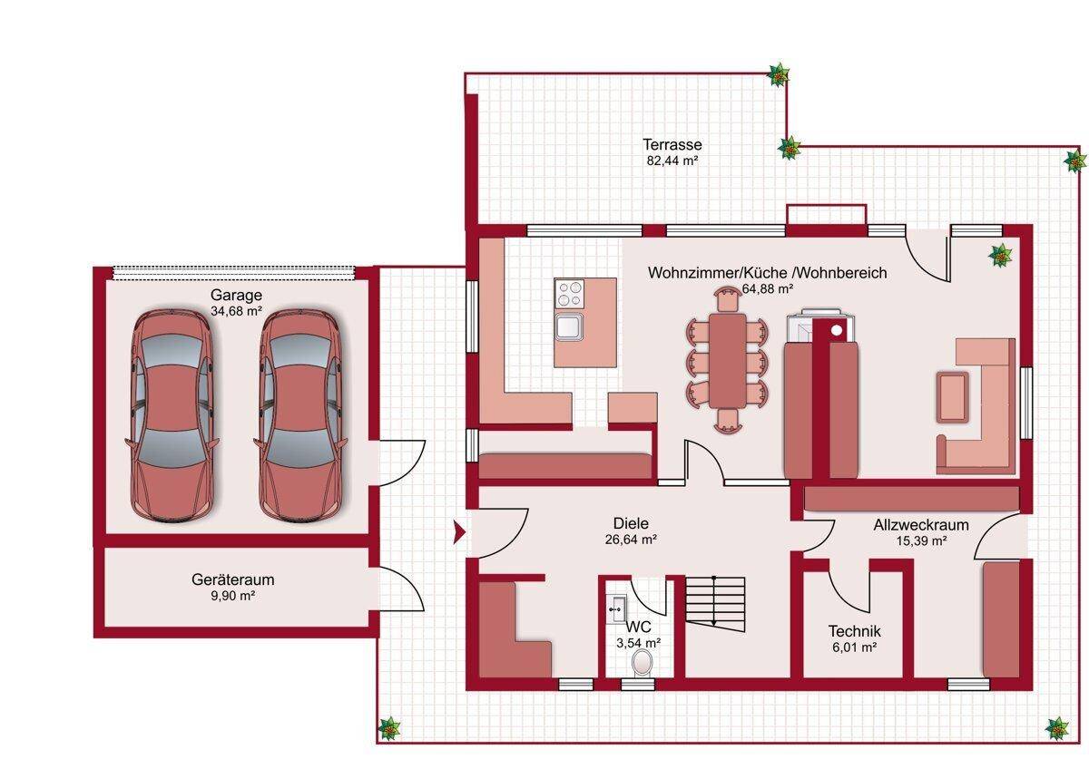 Grundriss des Erdgeschosses mit offener Küche, Wohnbereich, Garage und großer Terrasse.