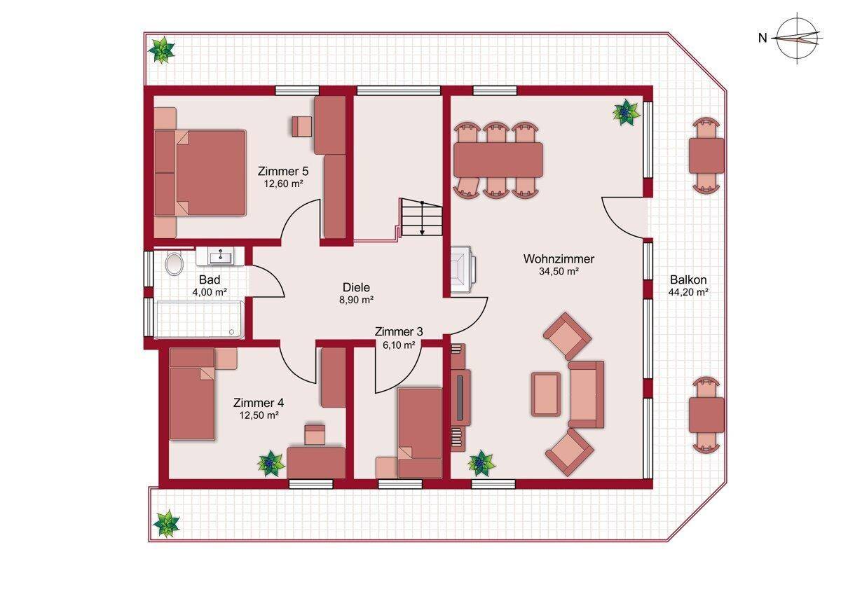 Grundriss des Obergeschosses mit mehreren Schlafzimmern, Bad, Wohnzimmer und großem Balkon.